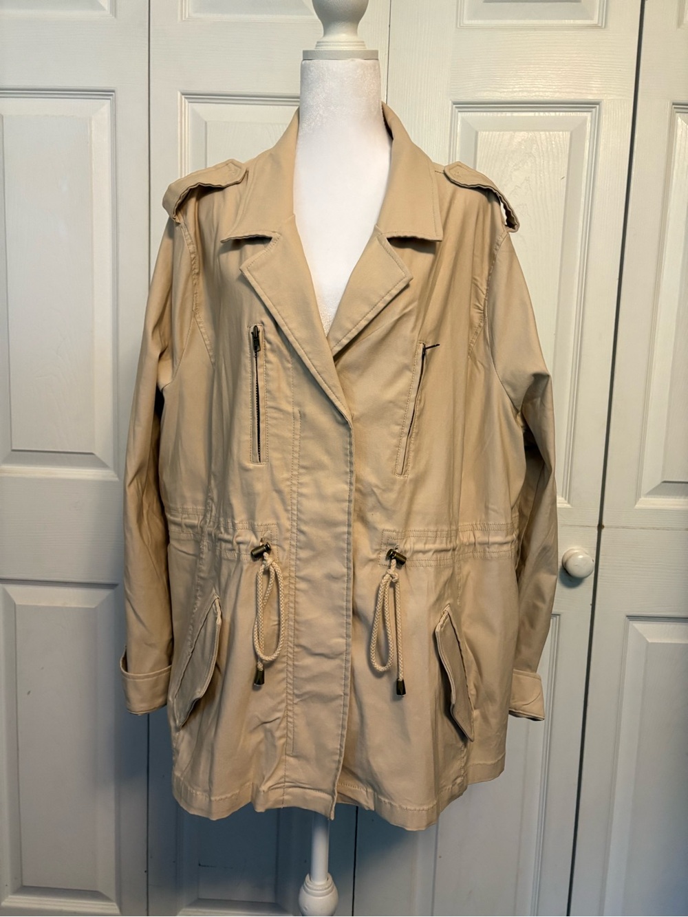 Beige Drawstring Utility Jacket with Zippered Pockets